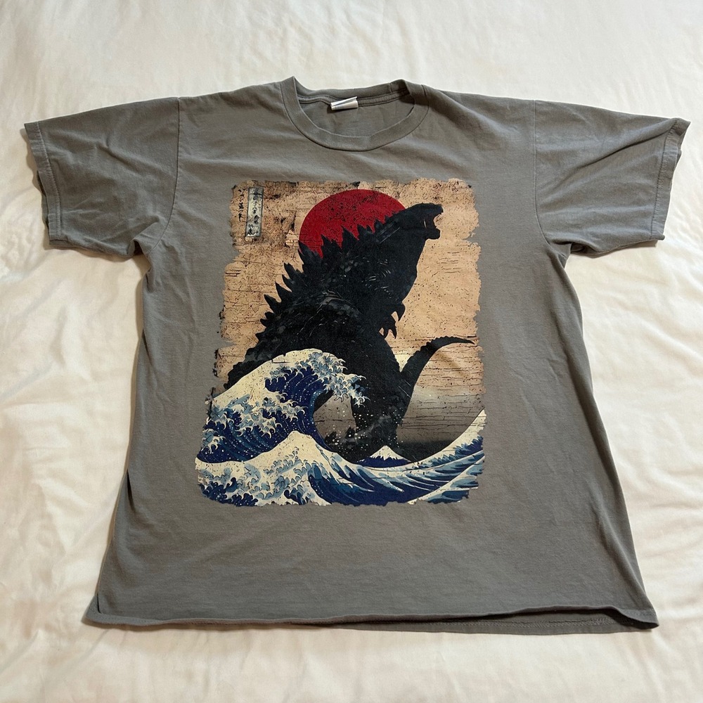 Port & Company Godzilla Great Wave Graphic T-Shirt Mens Medium Grey Cotton Tee